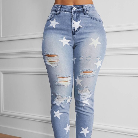Ripped Star Print Mid Waist Jeans - Picture 4 of 6